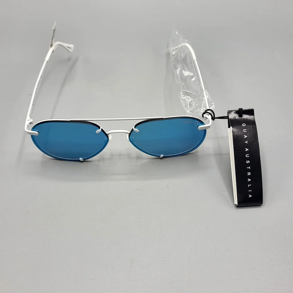 Quay Australia Sunglasses Womens Rebelle Aviator Blue Mirrored Lens White Frame